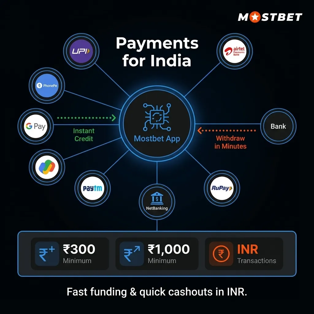 1Win payment methods in the app for India - UPI, PhonePe, GPay, and Paytm