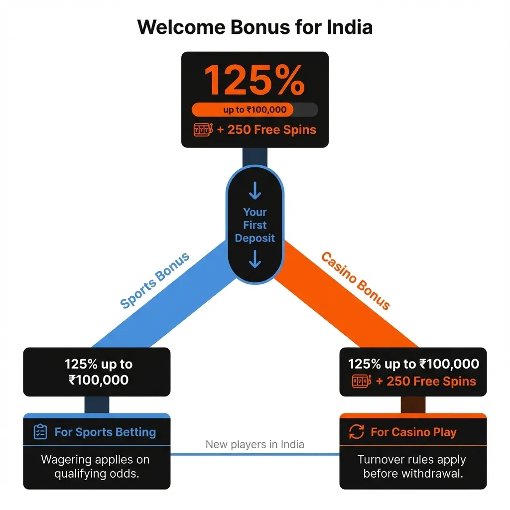 Mostbet India welcome bonus - 125% up to ₹100,000 and 250 free spins