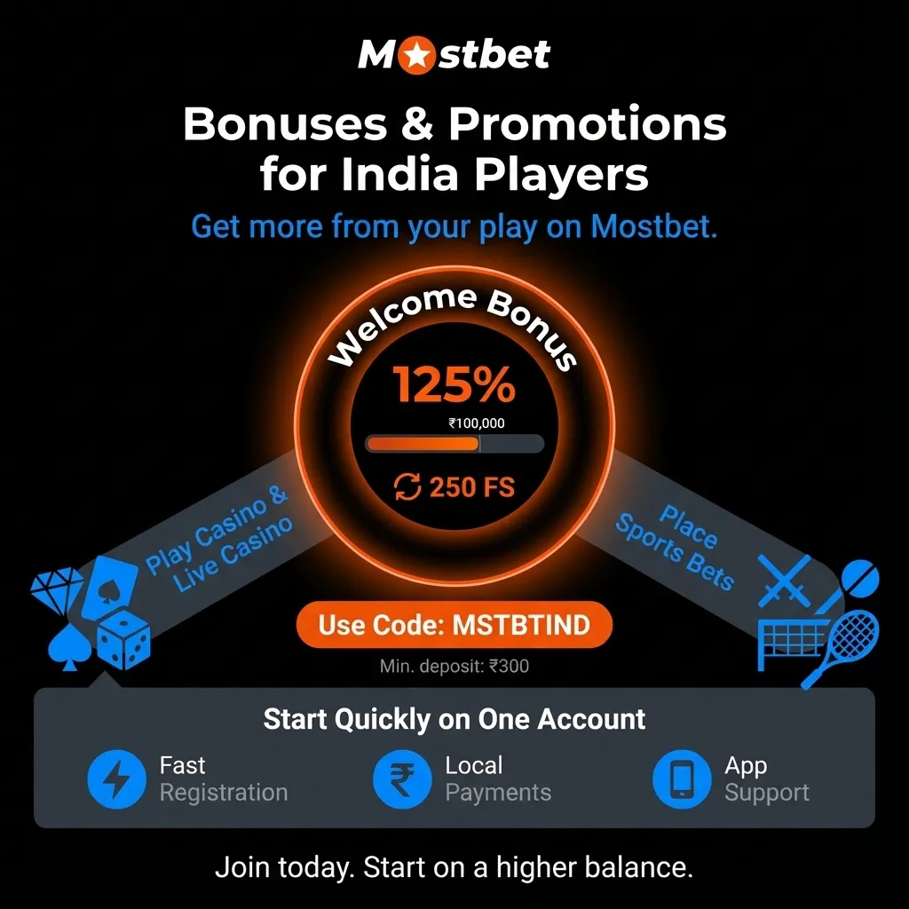 Mostbet bonuses and promotions for Indian players - welcome offer 125%