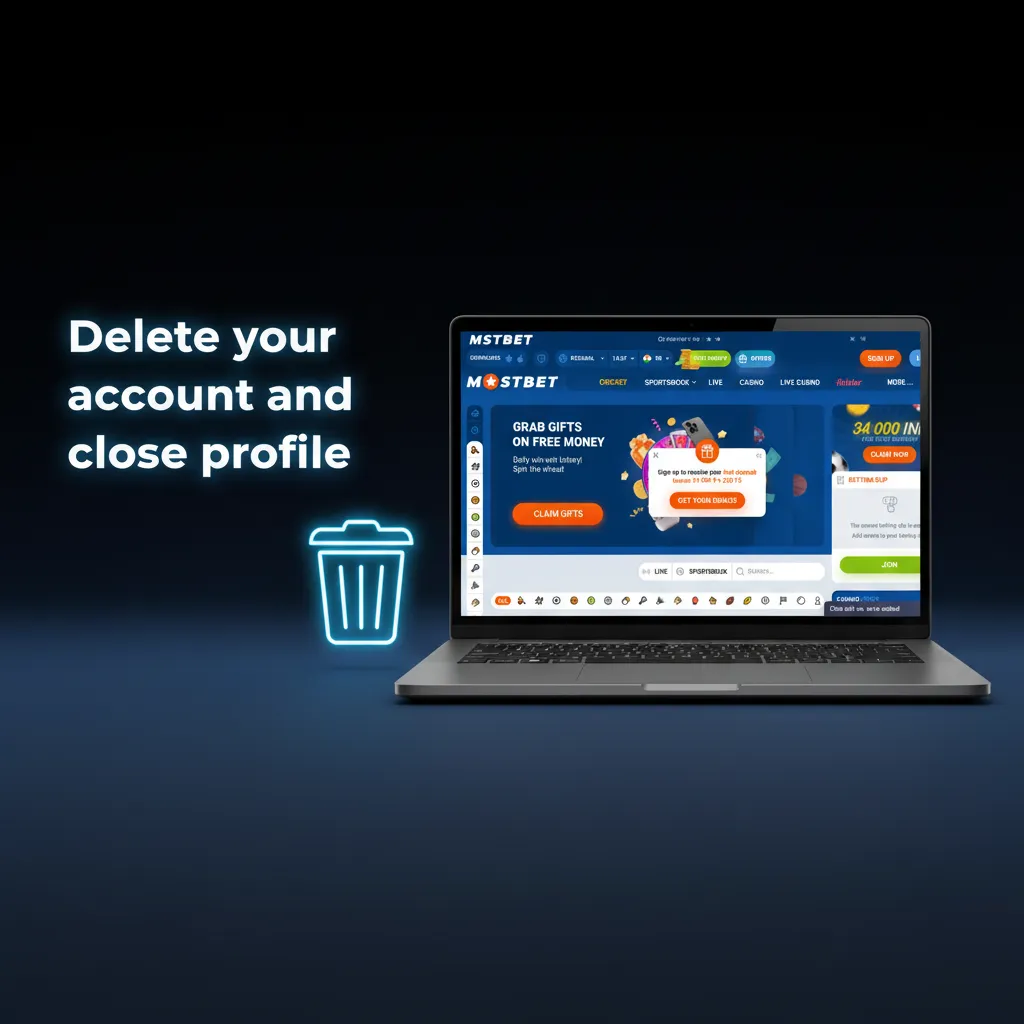 Delete your account screen with steps: time-out/self-exclusion, contact support, ID check, clear balance, confirmation.