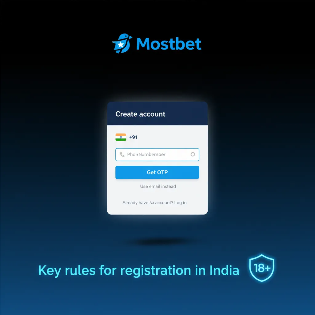 Infographic: India registration rules—18+, real details, one account, own INR payments, agree Terms; feature limits until KYC