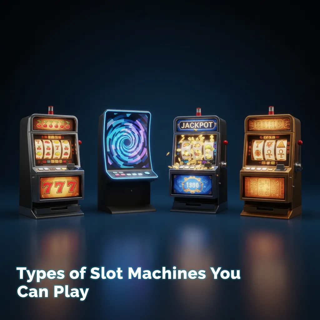 Infographic of slot machine types: Classic 3-reel, Video, Megaways, progressive jackpots, Hold & Win, Cluster/Scatter Pays.