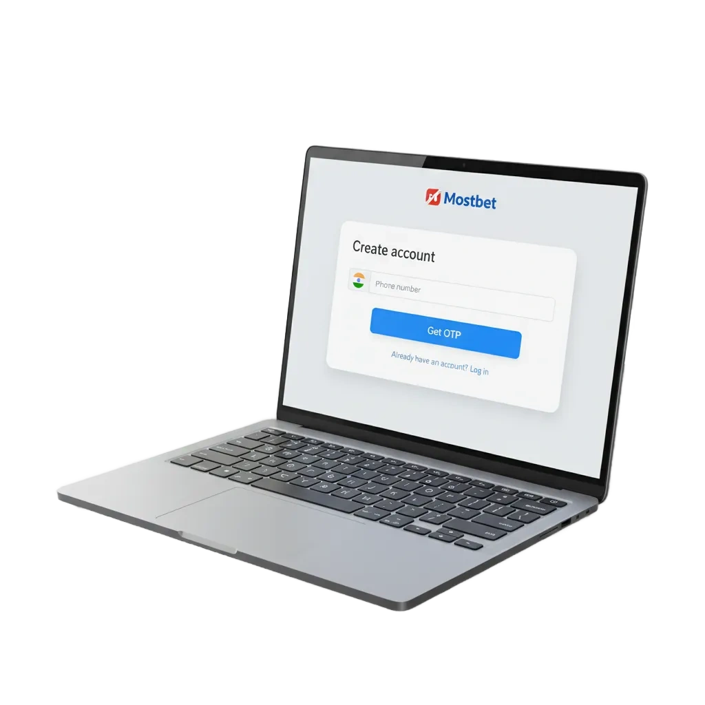 Mostbet India sign-up page showing phone, email, social, one-click options and 125% bonus up to ₹100,000 + 250 FS.