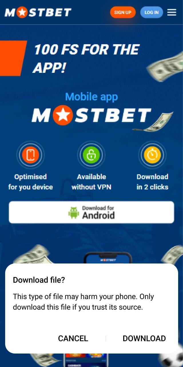 Confirm the file download to get the Mostbet App for Android.