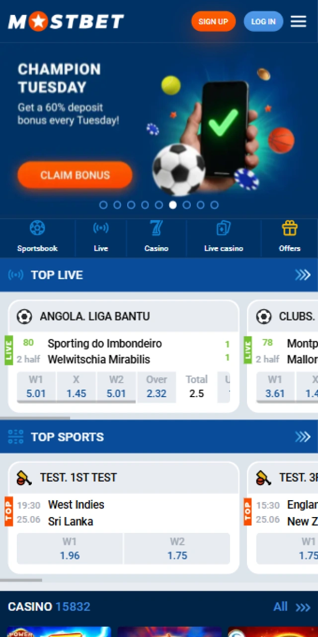 Open the main screen of the mobile Mostbet App to start.