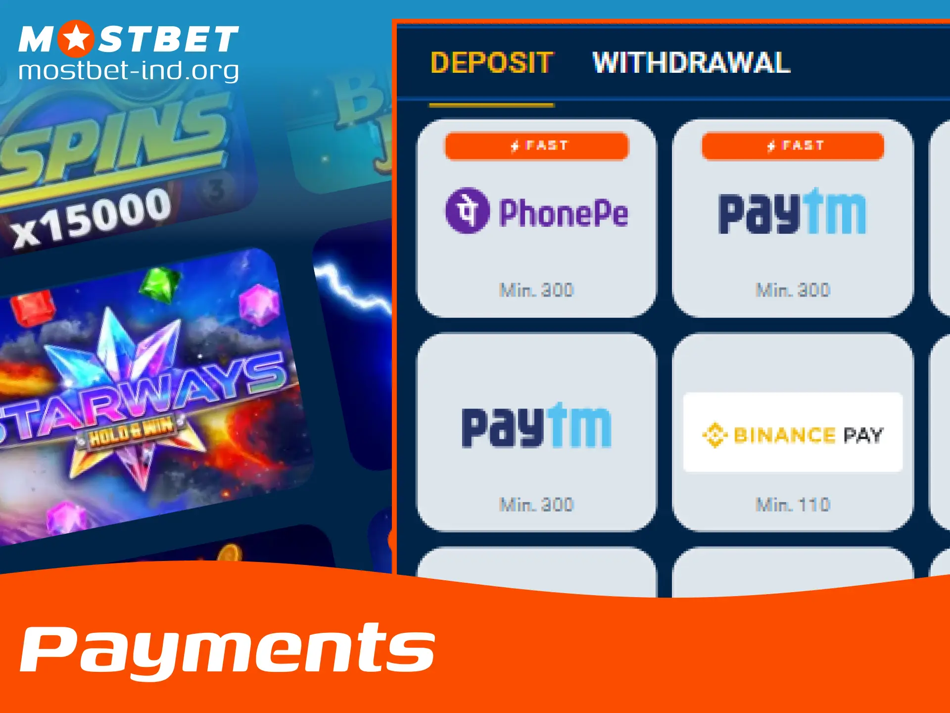 Use convenient deposit methods to fund your Mostbet casino account.