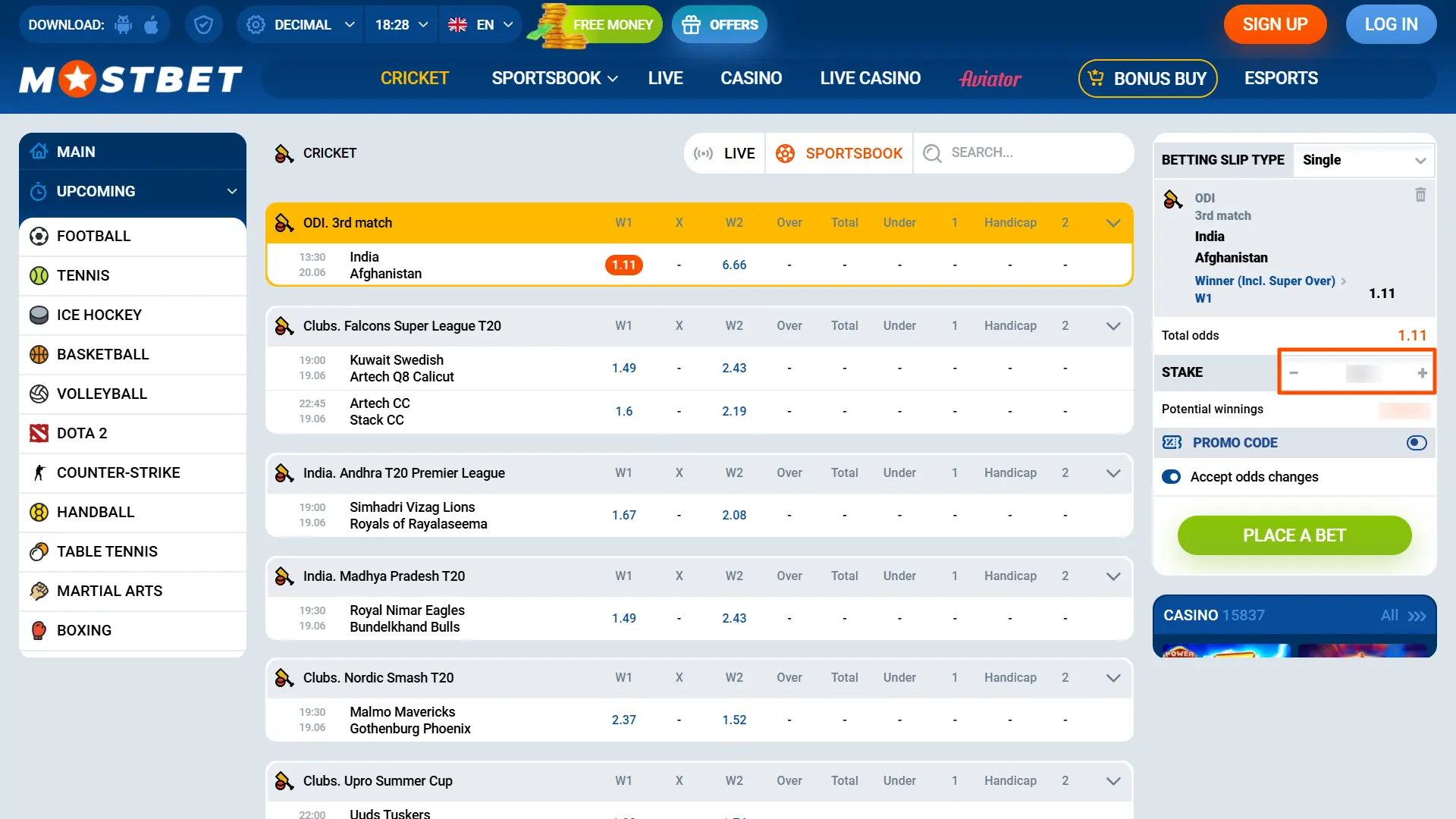 Enter your preferred stake amount for the sports bet on Mostbet.