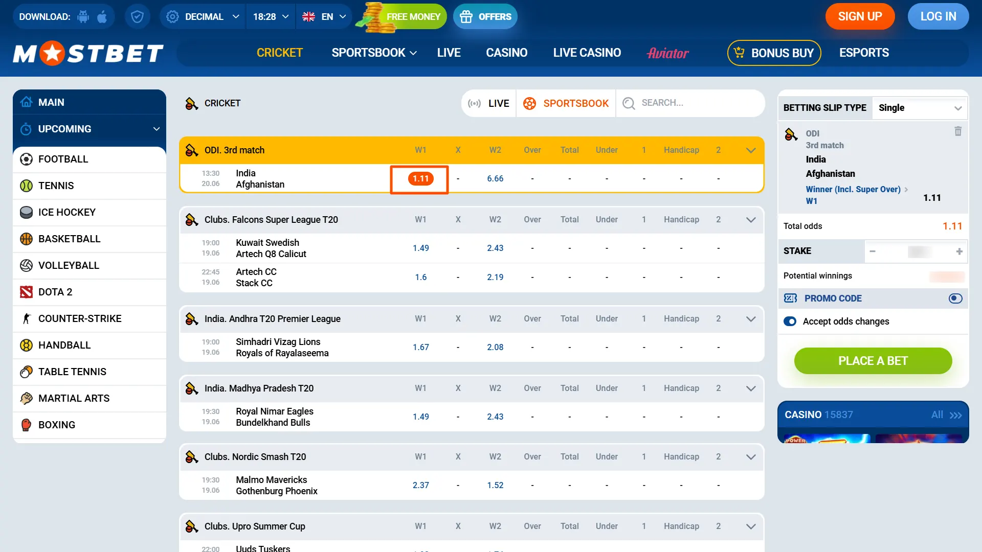 Choose your favorite sports bet market on Mostbet India.