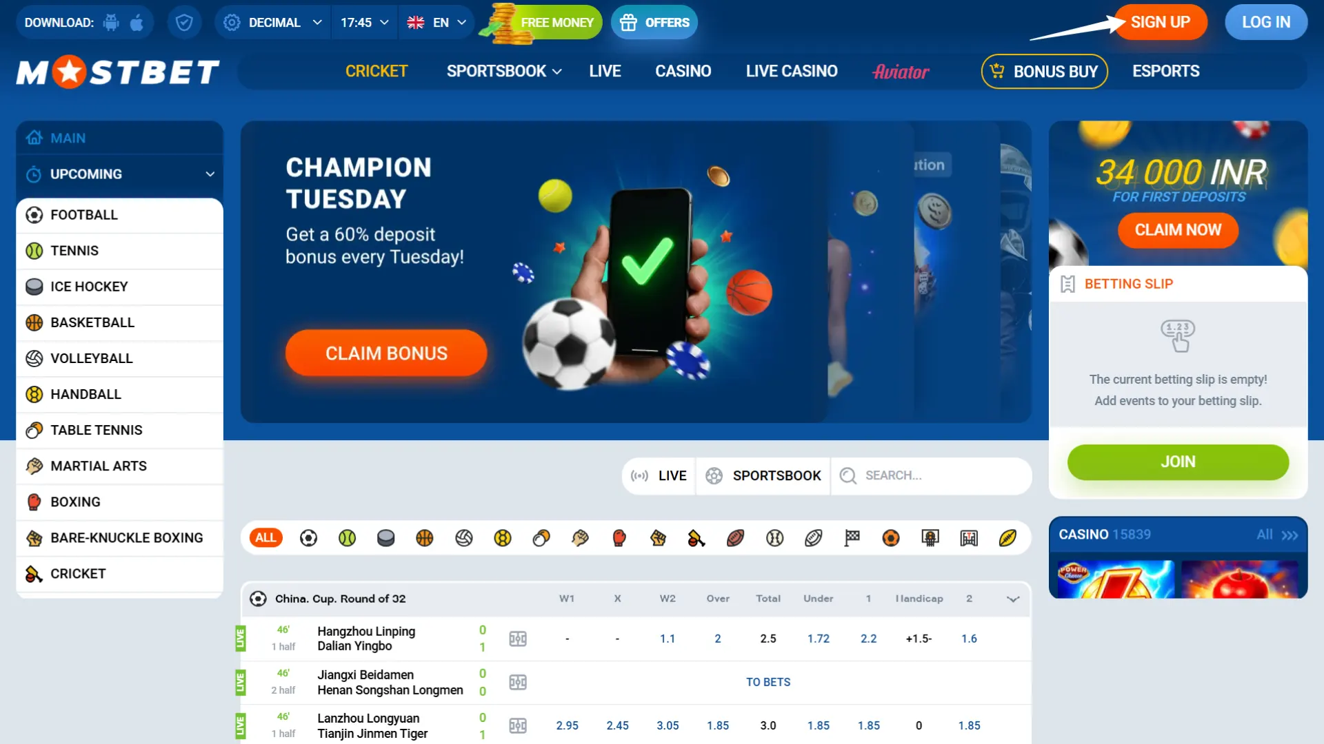Tap the registration button to sign up on Mostbet India.