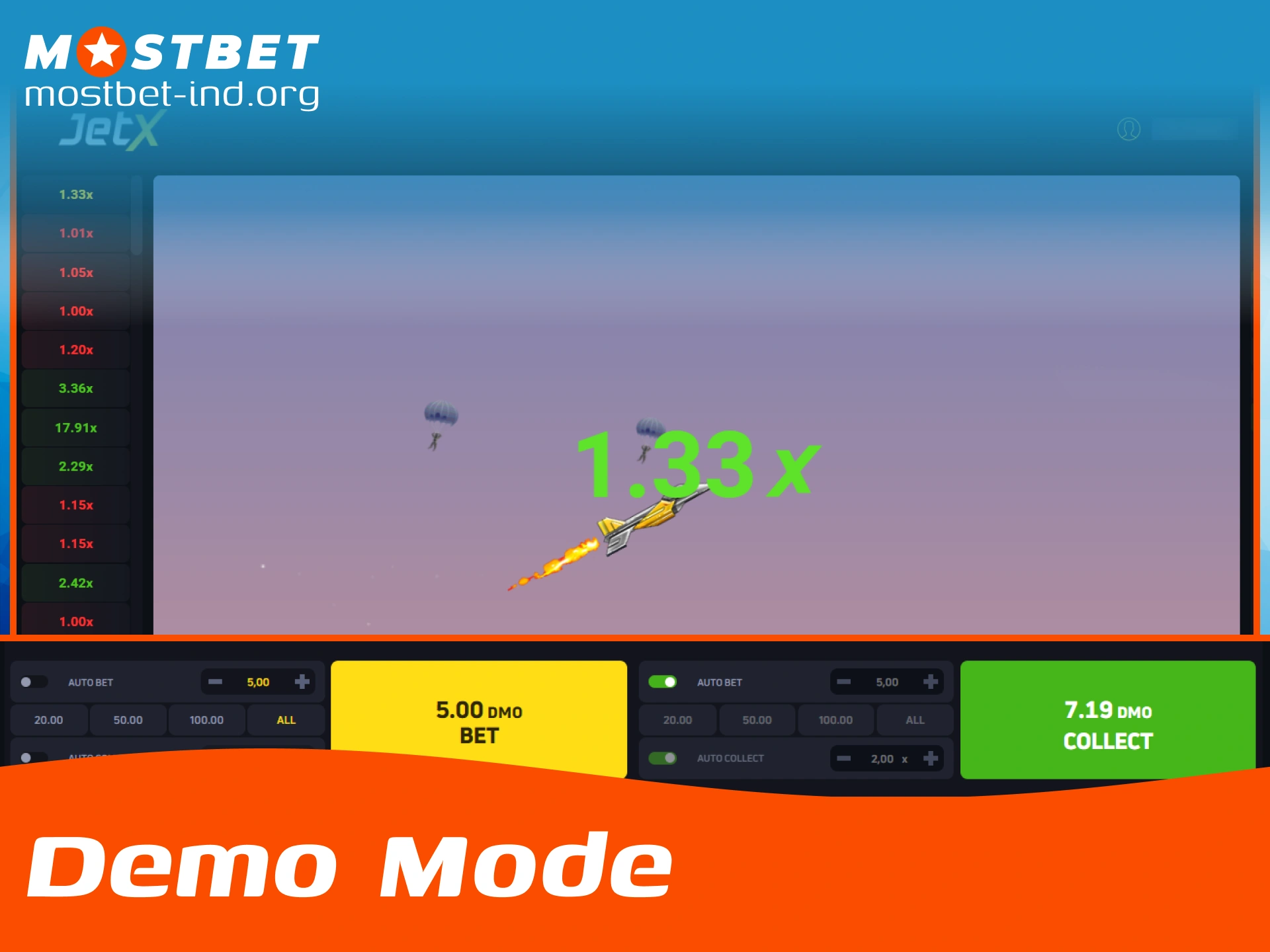 Try the free JetX game demo mode to practice your betting strategy on Mostbet.