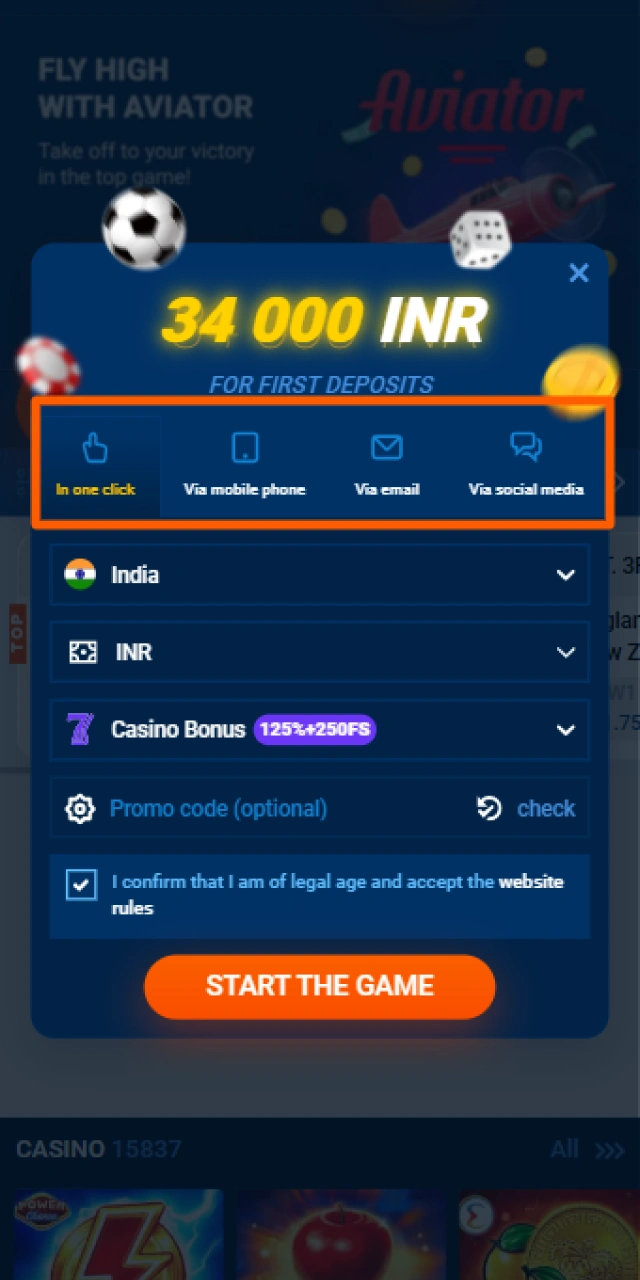 Select your preferred signup method to register with Mostbet.