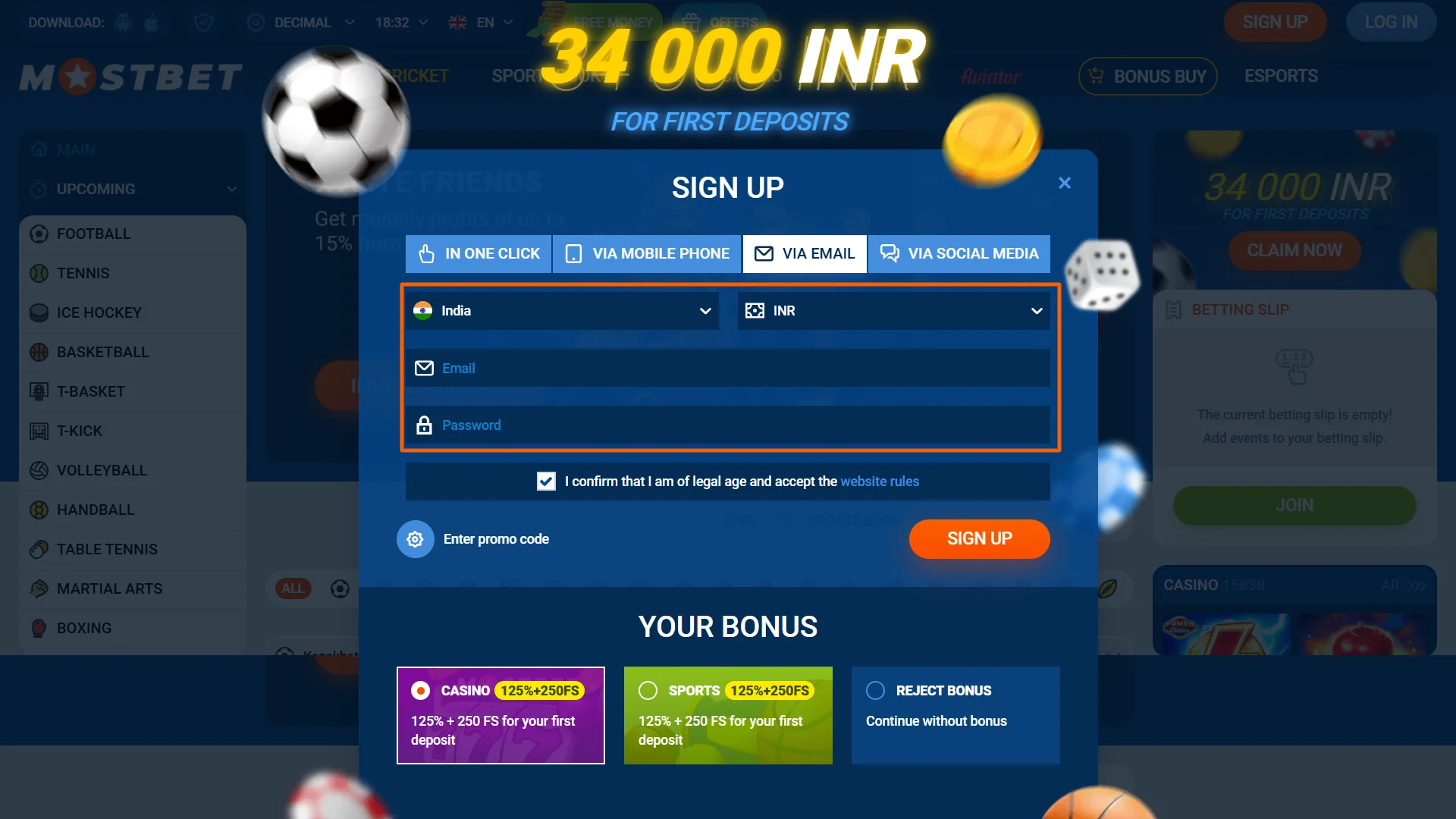Fill in the required fields to sign up for Mostbet account.