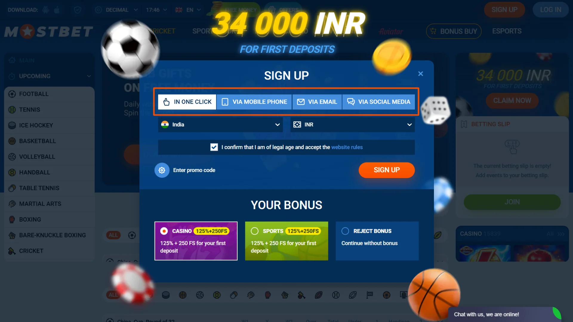 Select your preferred registration option to sign up on Mostbet today.