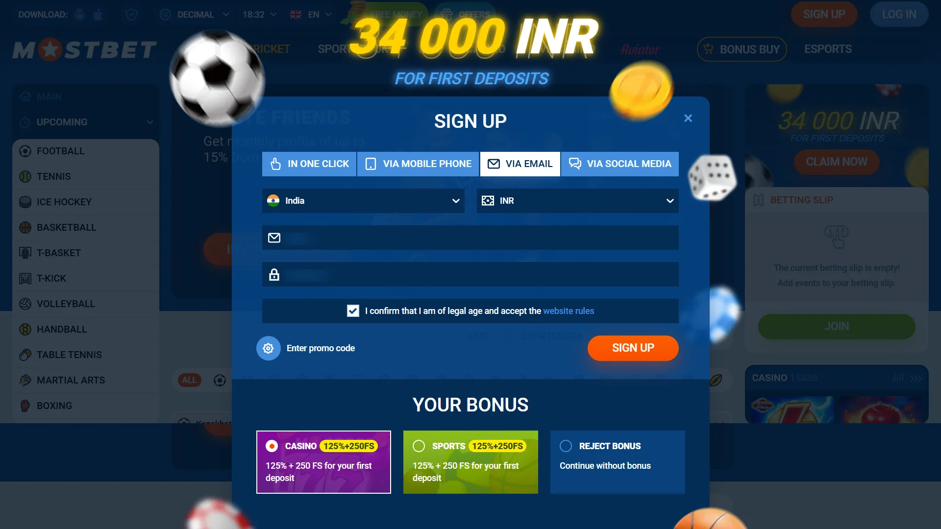 Verify your contact info to sign up and secure Mostbet account.