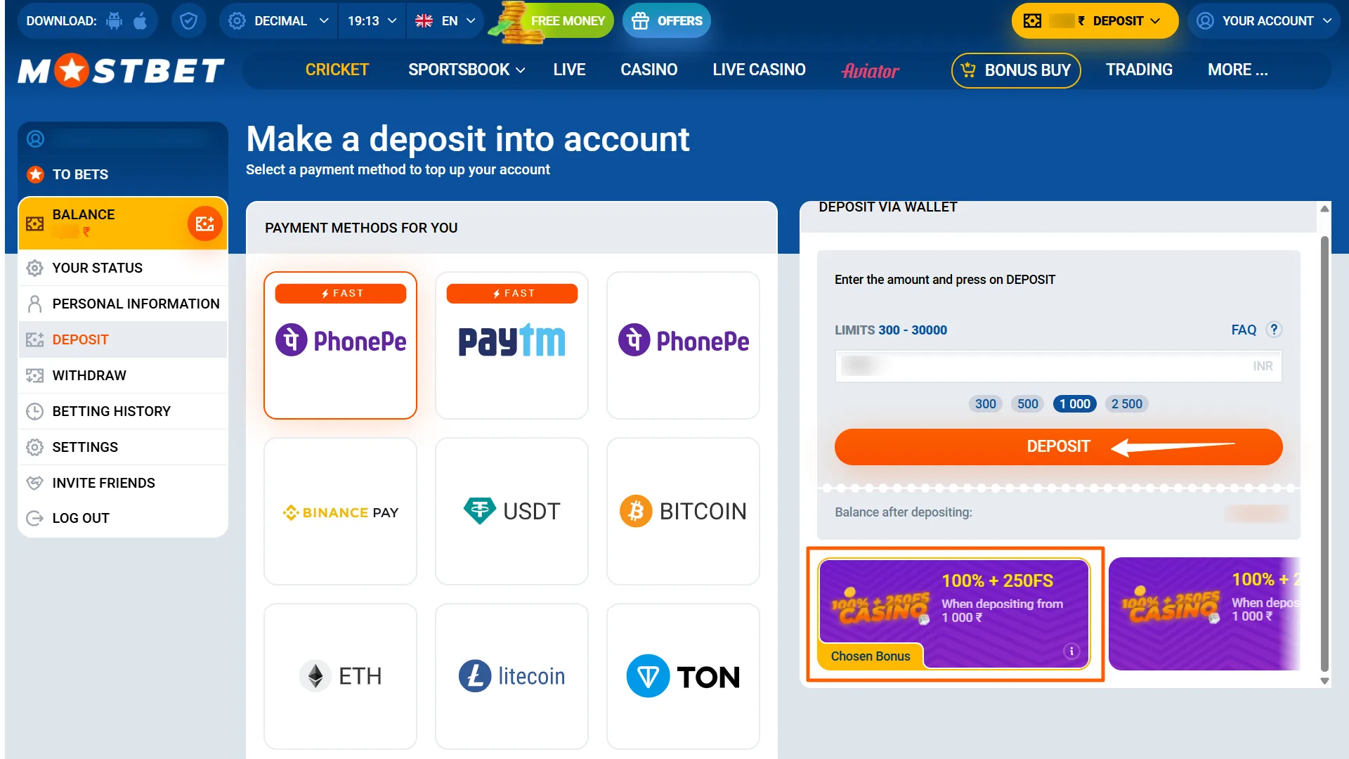 Activate your newly credited welcome bonus on Mostbet India.