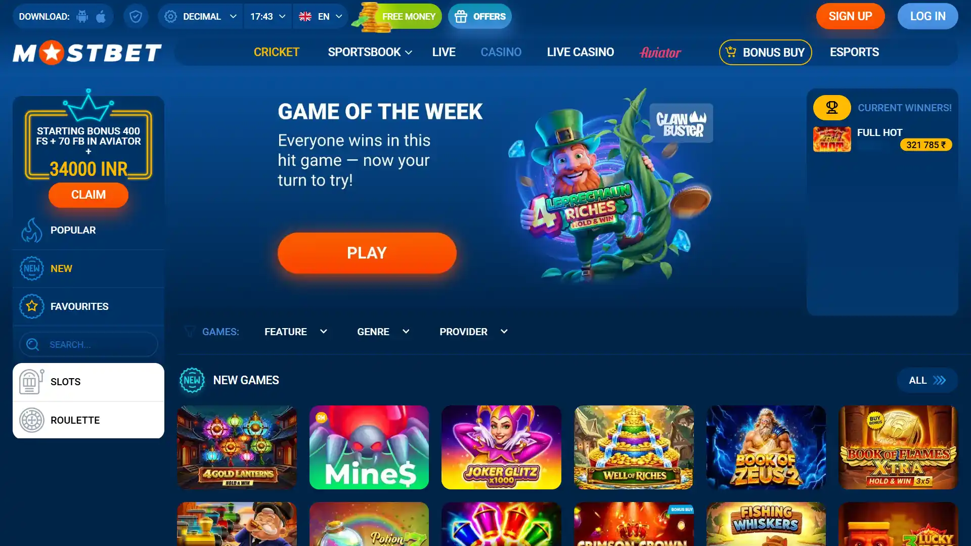Play the best online casino games and slots on Mostbet India.